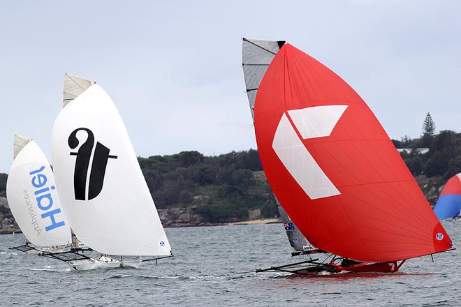 The finish as Gotta Love It 7 edges out Thurlow Fisher Lawyers - Day 3, JJ Giltinan Trophy, Race 1 © Frank Quealey /Australian 18 Footers League http://www.18footers.com.au